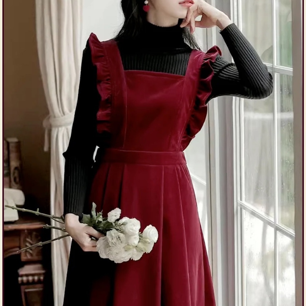 Frilly Velvet Apron‎ Pinafore Dress-Burgundy Red-XS/S - Picture 4 of 15